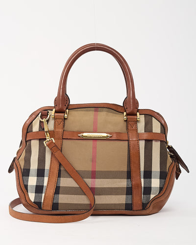 Burberry Tan Leather and Beige House Check Canvas 2Way Top Handle Bag with Strap