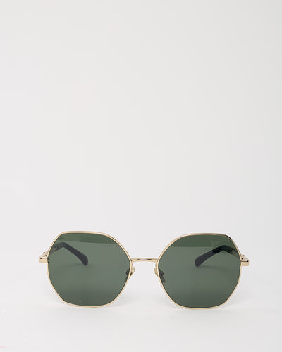 Chanel Gold Metal Pearl and Leather Chain Detail 4281-Q-H Hexagonal Oversize Sunglasses