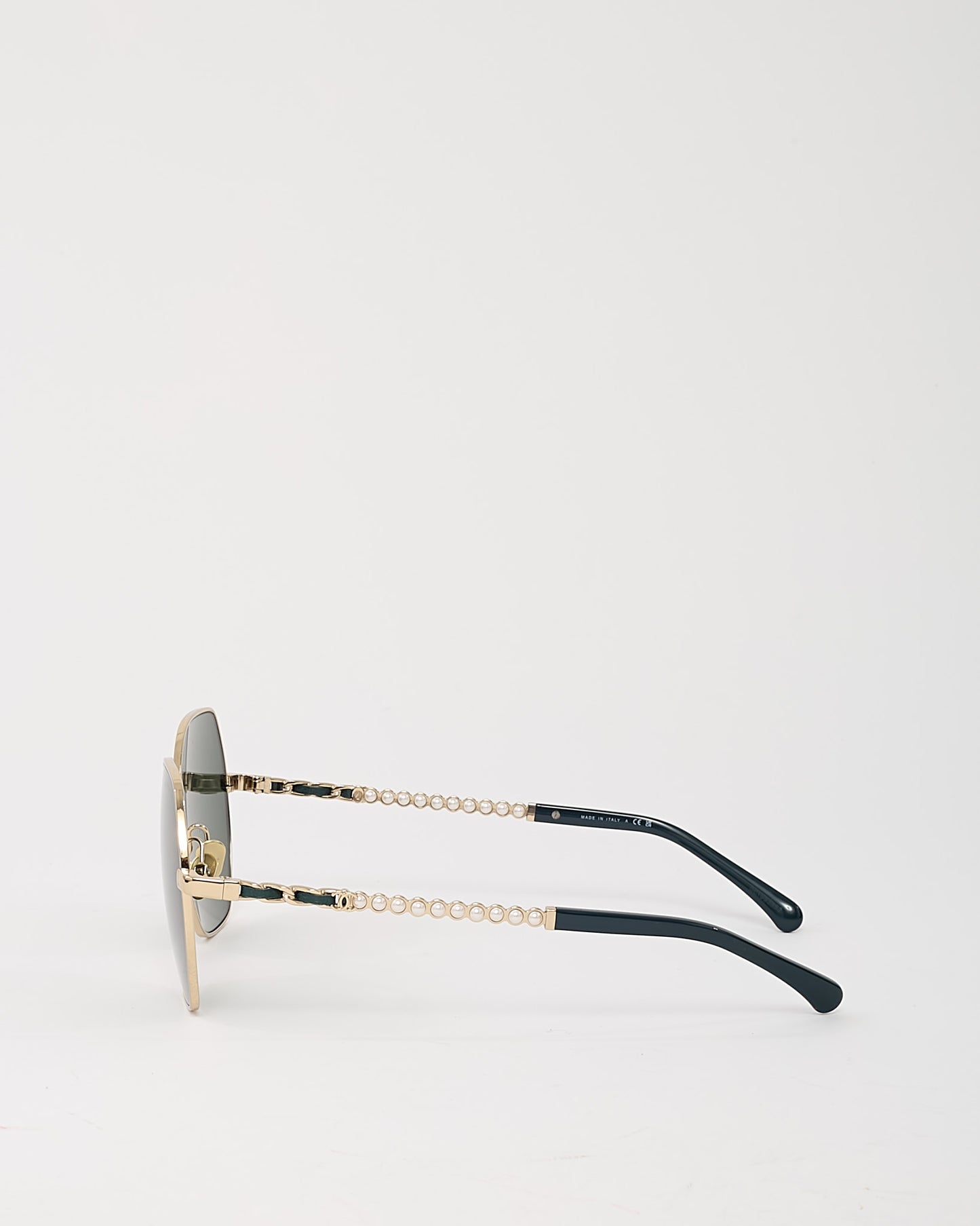 Chanel Gold Metal Pearl and Leather Chain Detail 4281-Q-H Hexagonal Oversize Sunglasses
