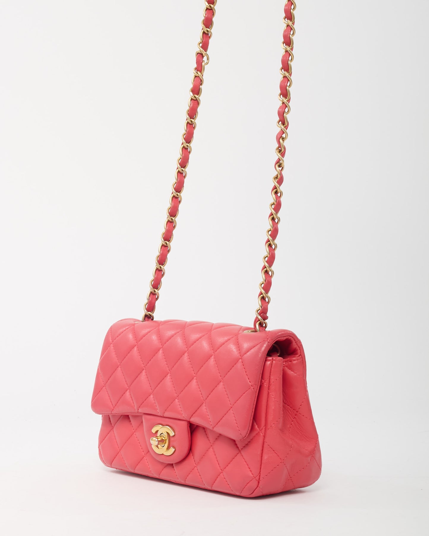 Chanel Coral Quilted Lambskin Leather Mini Rectangular Classic Flap Bag GHW