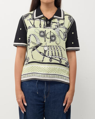 Hermès Lime Green/Black/White Printed Silk and Cashmere Polo Top - 44