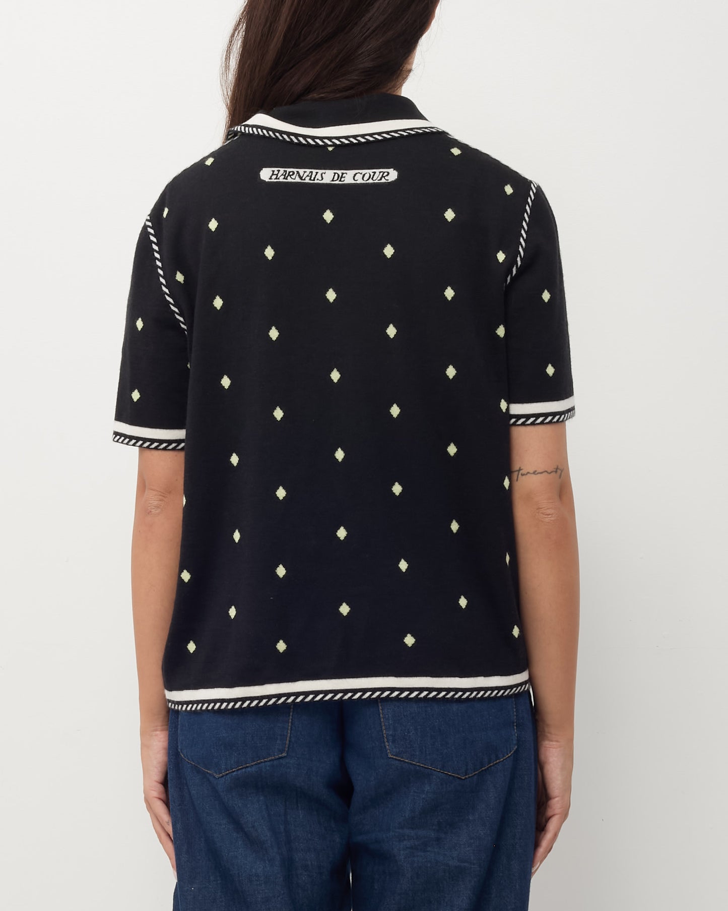 Hermès Lime Green/Black/White Printed Silk and Cashmere Polo Top - 44