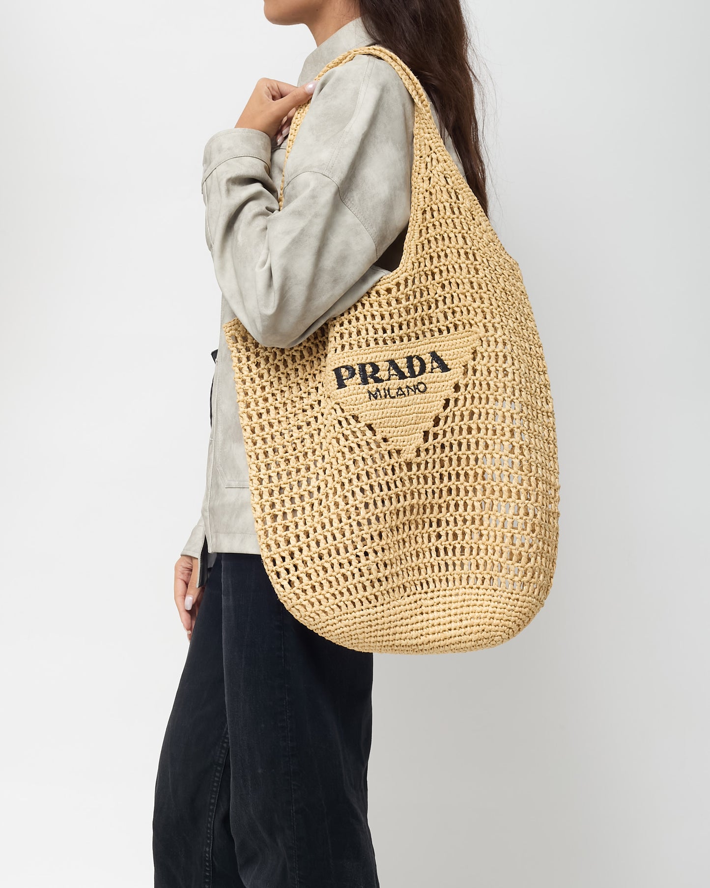 Prada Naturale Beige Yarn Raffia Effect Crochet Logo Embroidered Shopping Tote Bag
