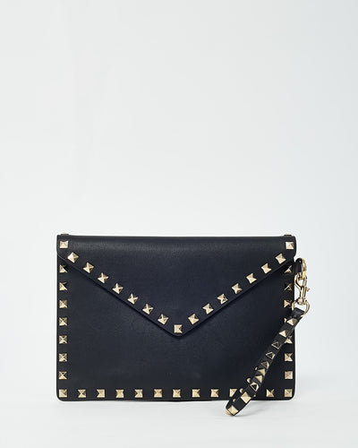 Valentino Black Leather GHW Rockstud Small Envelope Wristlet Pouch Clutch