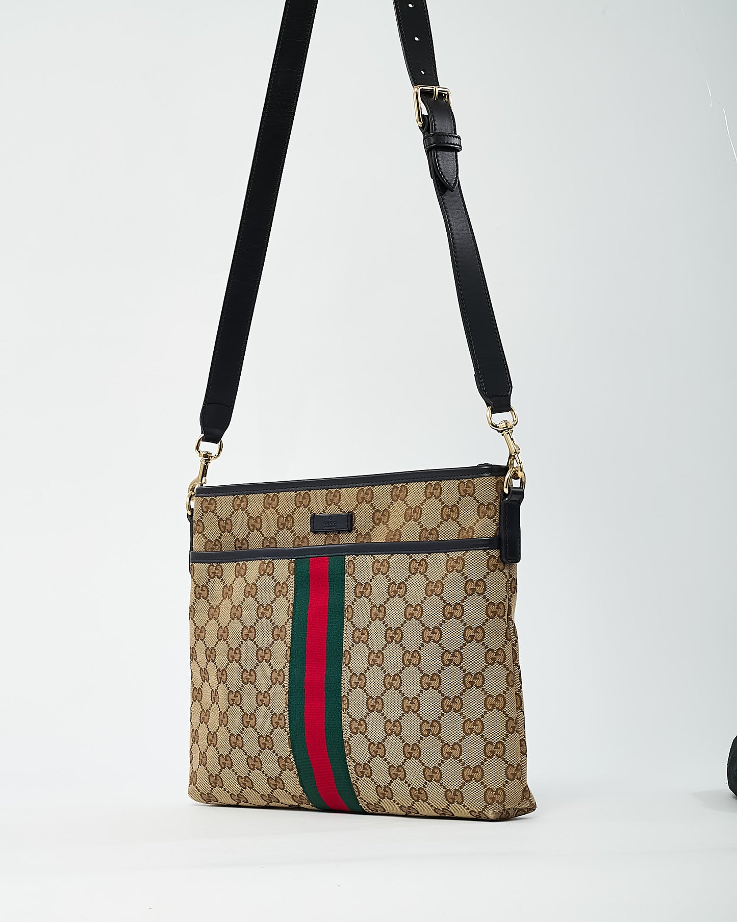 Gucci Beige and Brown GG Monogram Canvas Web Flat Messenger Crossbody Bag