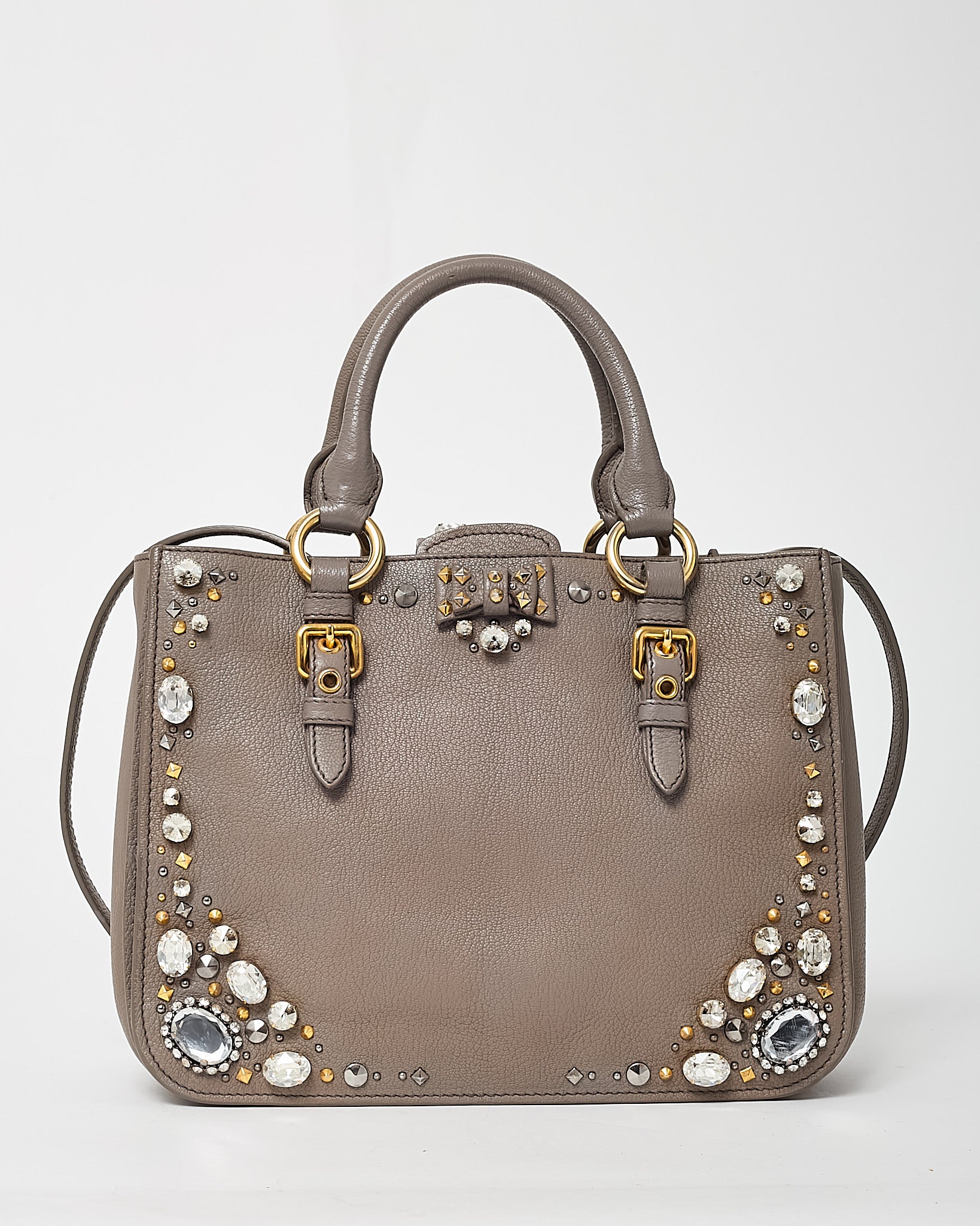 Buy Miu Miu Grey Leather Crystal Embellished Studded Madras 2Way