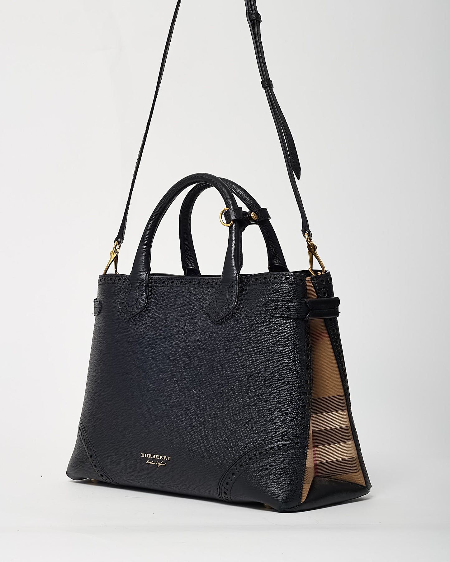 Burberry Black Grainy Calfskin Perforated and House Check Canvas Medium Brogue Banner Tote with Strap