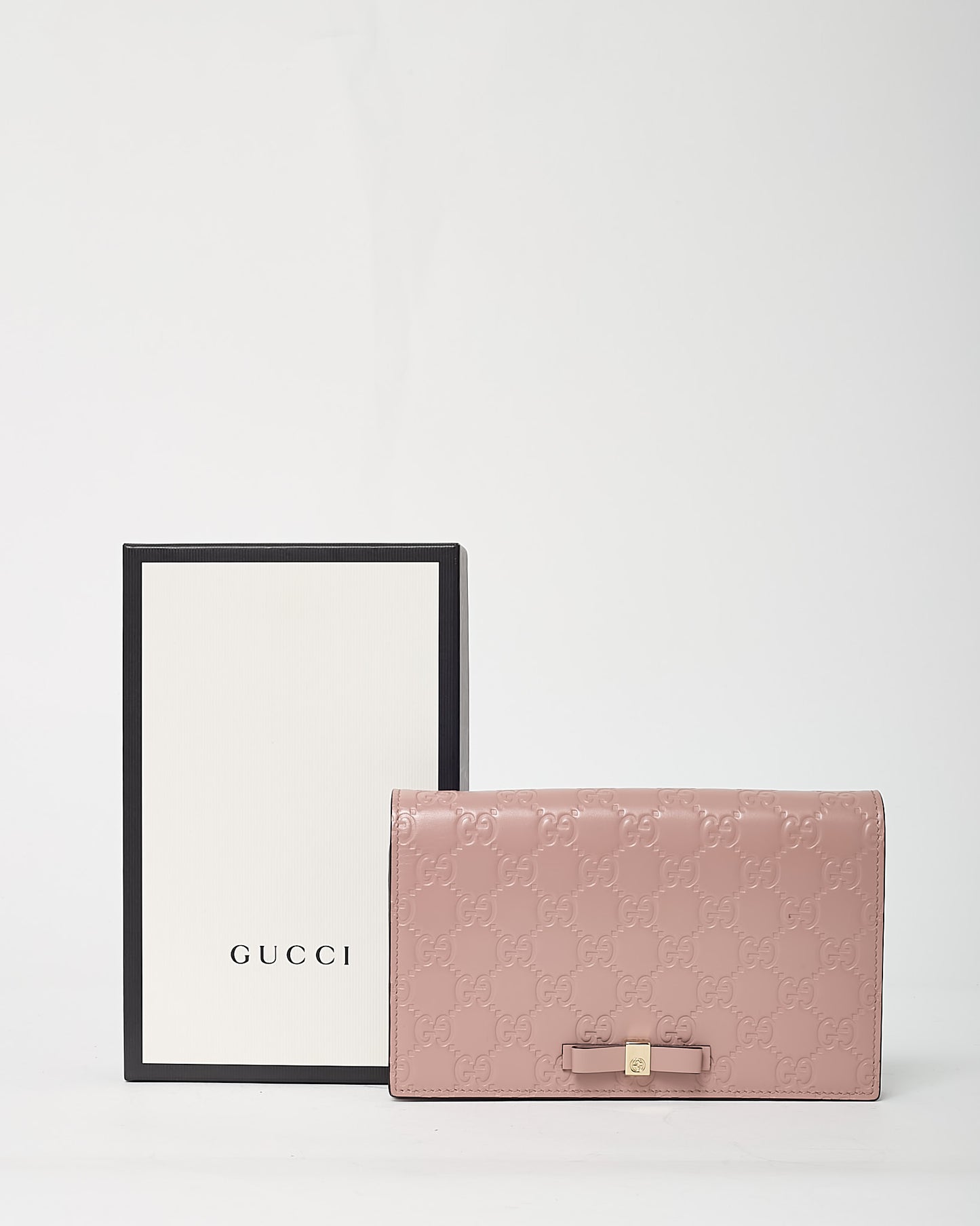 Gucci Pink Signature G Embossed Leather Bow WOC Wallet On Chain Crossbody Bag