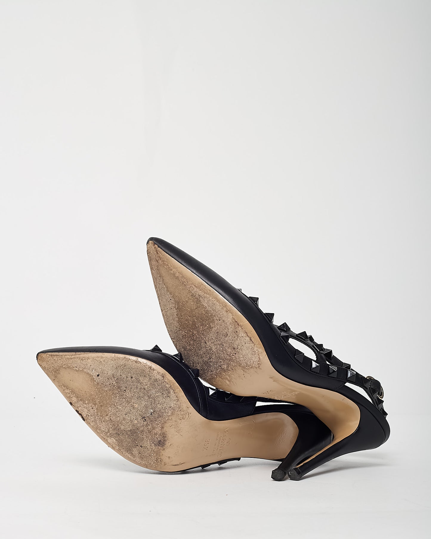 Valentino Black Leather Black Tonal Rockstud Ankle Strap 100mm Pointed Toe Pumps - 35.5