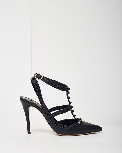 Valentino Black Leather Black Tonal Rockstud Ankle Strap 100mm Pointed Toe Pumps - 35.5