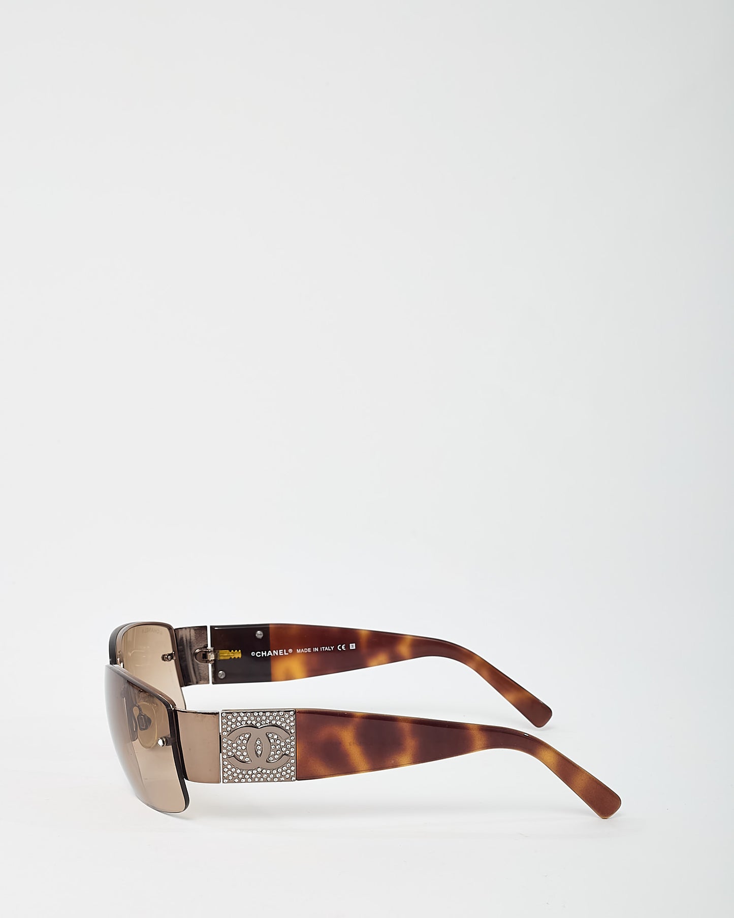 Chanel Vintage Brown Tortoise Crystal CC Logo 4117/B Square Rimless Sunglasses