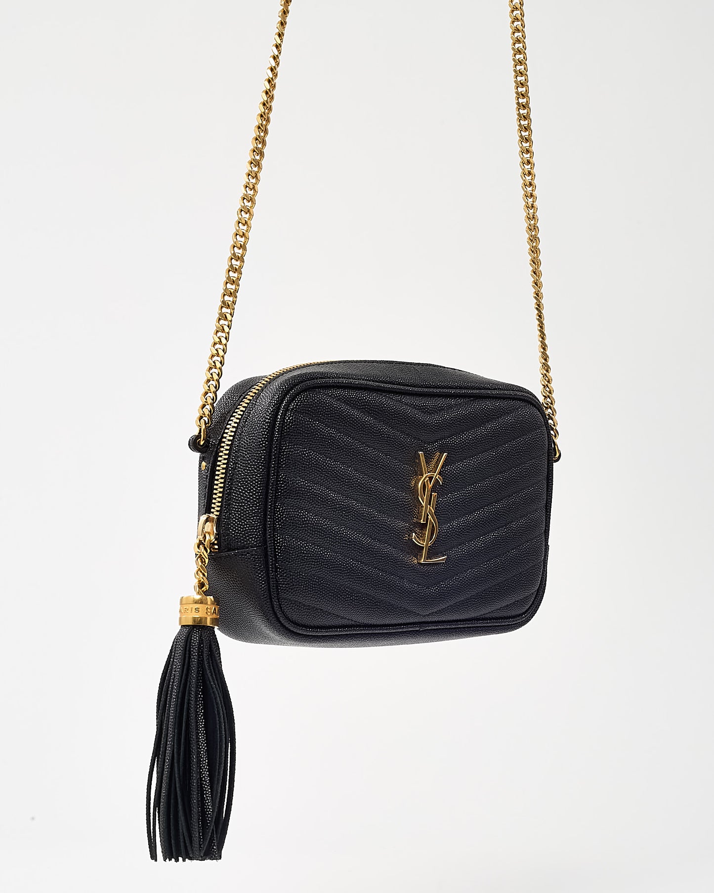 Saint Laurent Black Chevron Grain De Poudre YSL Mini Lou Chain Crossbody Bag GHW