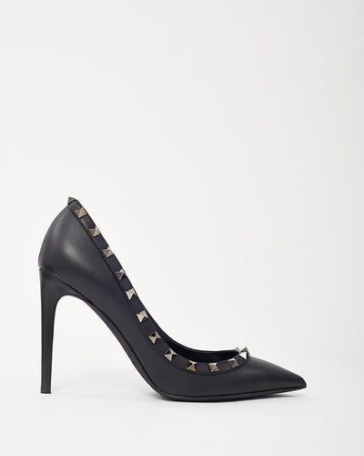 Valentino Black Leather Gunmetal Rockstud Accent Pointed Toe Pumps - 39