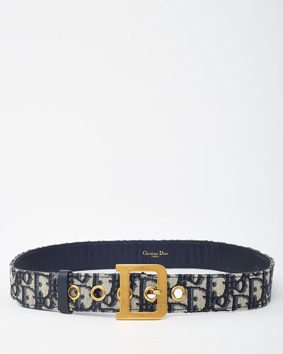 Dior Navy and White Monogram Oblique Jacquard Canvas Gold D DiorQuake Belt - 85