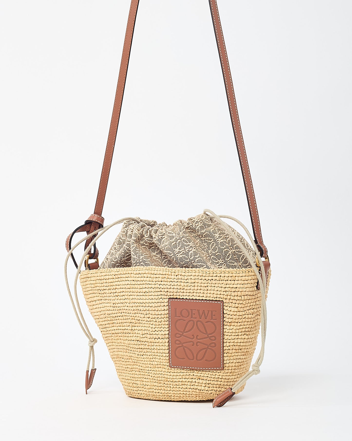 Loewe Brown Leather and Beige Raffia Anagram Jacquard Drawstring Bucket Bag