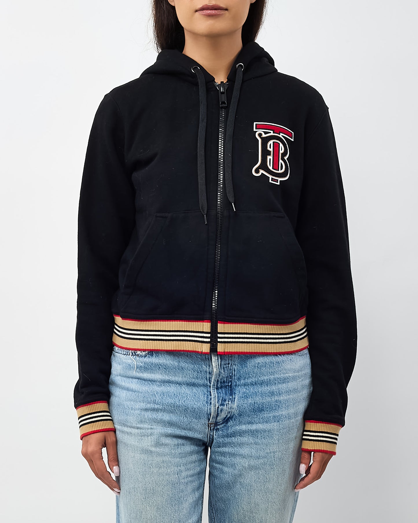 Burberry Black Cotton and Beige Stripe 'TB' Monogram Zip-Up Hoodie - S