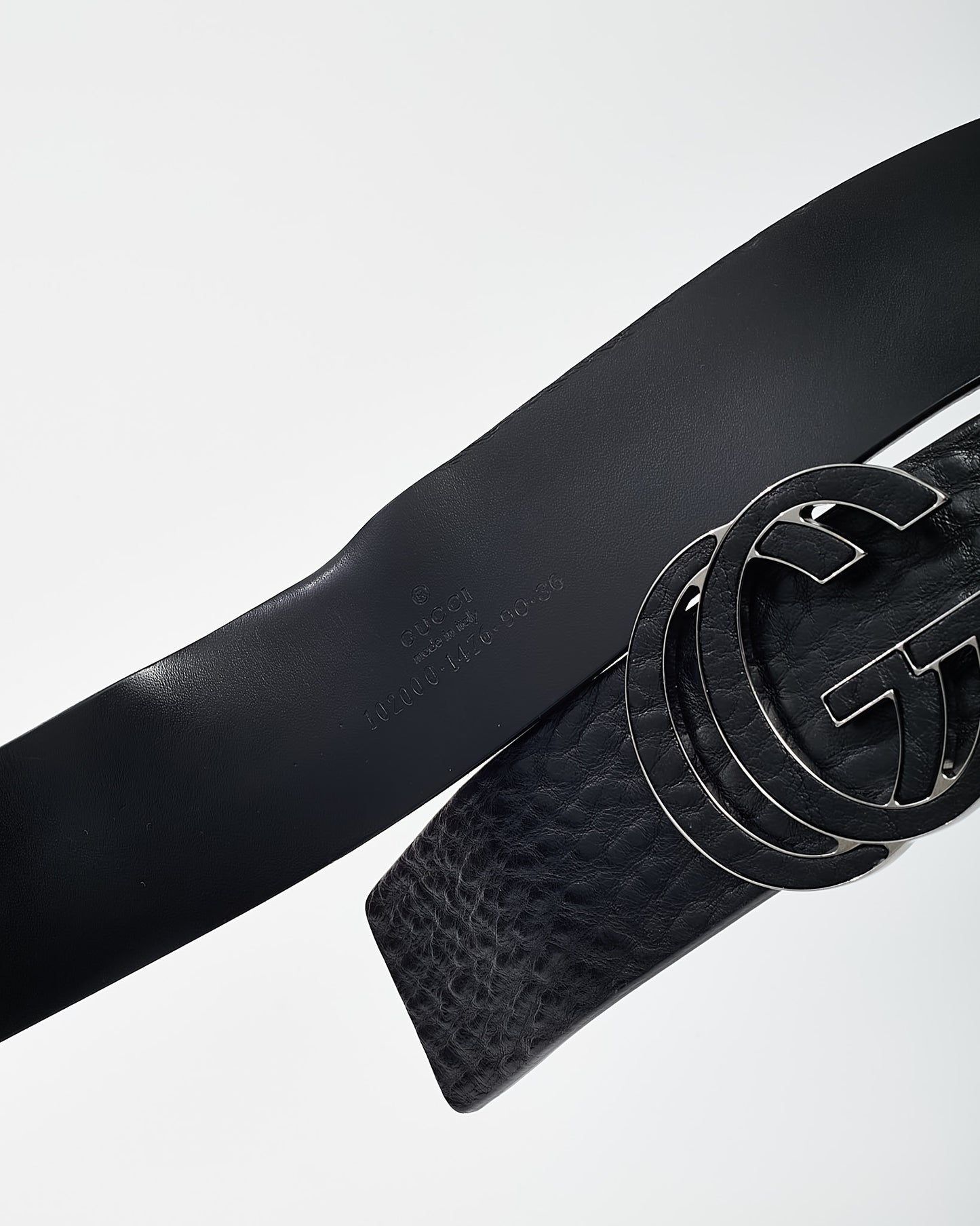 Gucci Black Pebbled Leather Black Tonal Interlocking GG Belt - 90/36