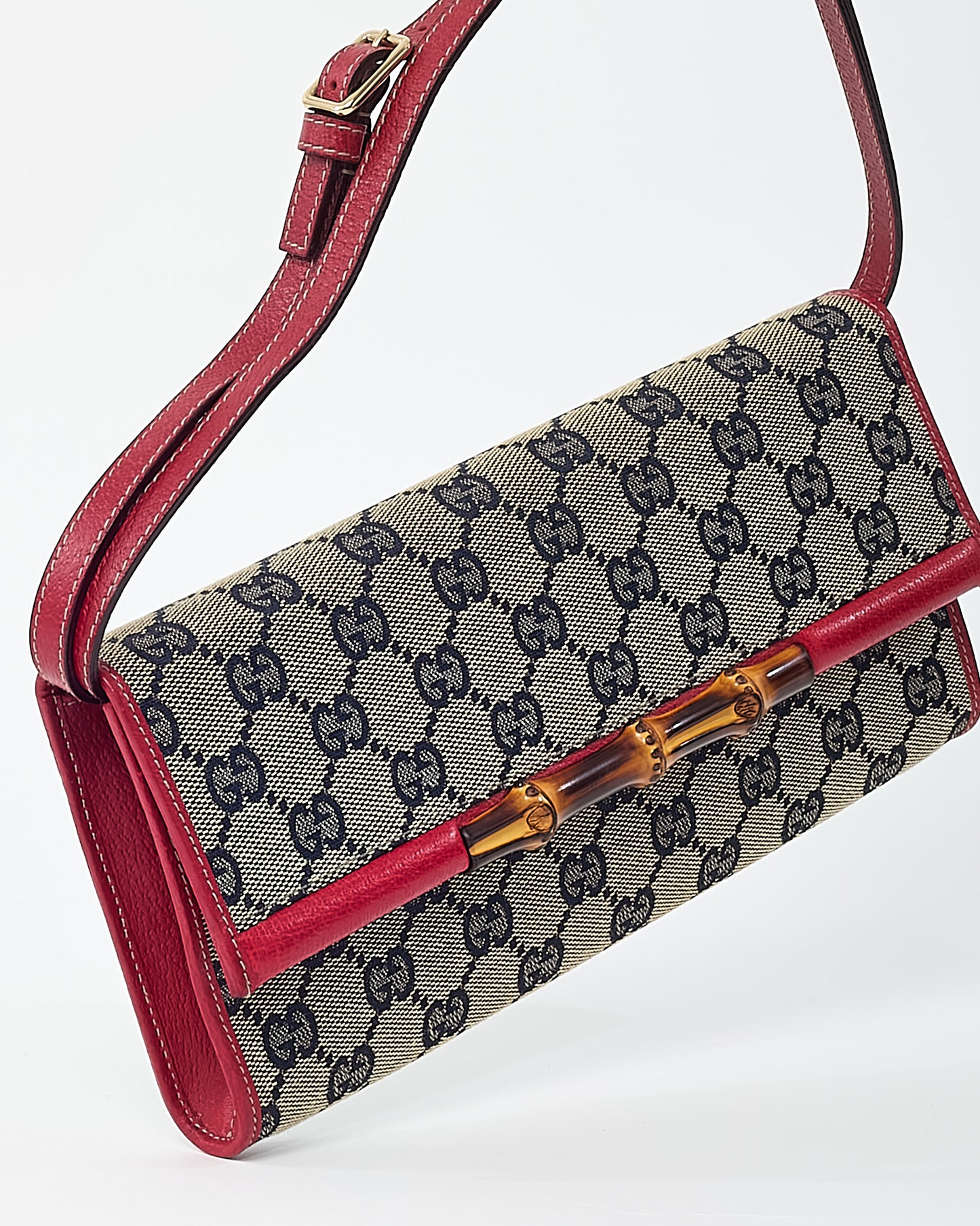 Gucci Beige and Navy GG Monogram Canvas and Red Leather Bamboo Bar WOC Crossbody Bag