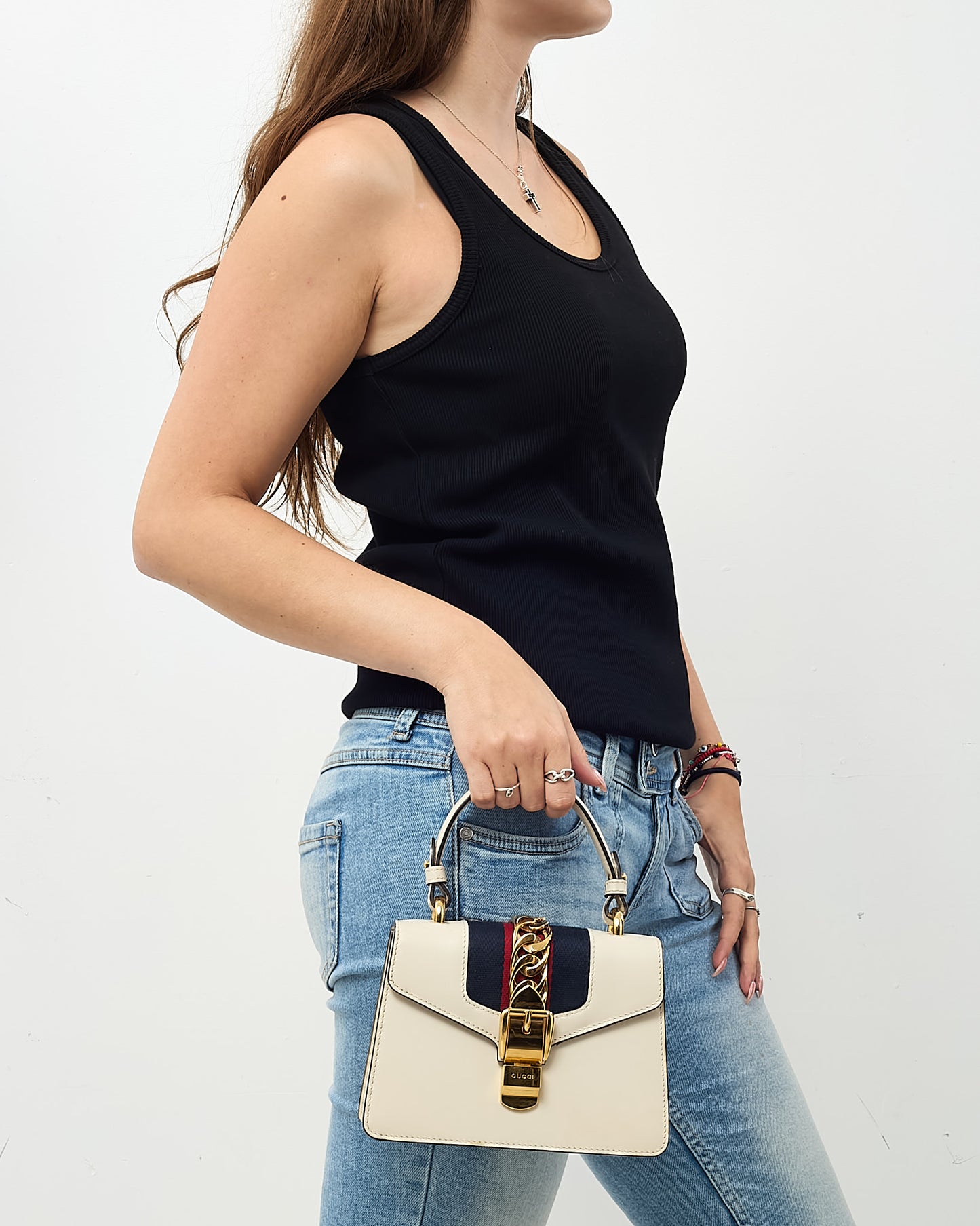 Gucci White Calfskin Leather Mini Web Sylvie Shoulder Bag