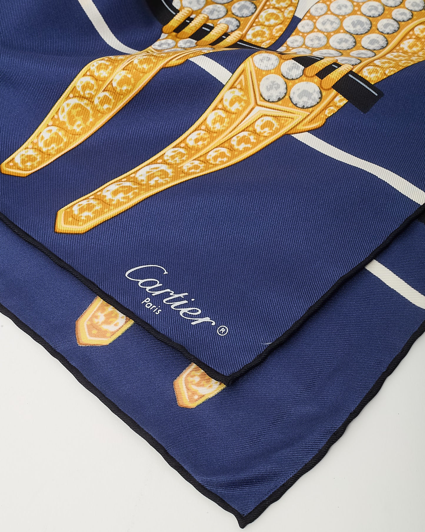 Cartier Blue and Gold Diamond Studded Parrots Printed Silk Scarf