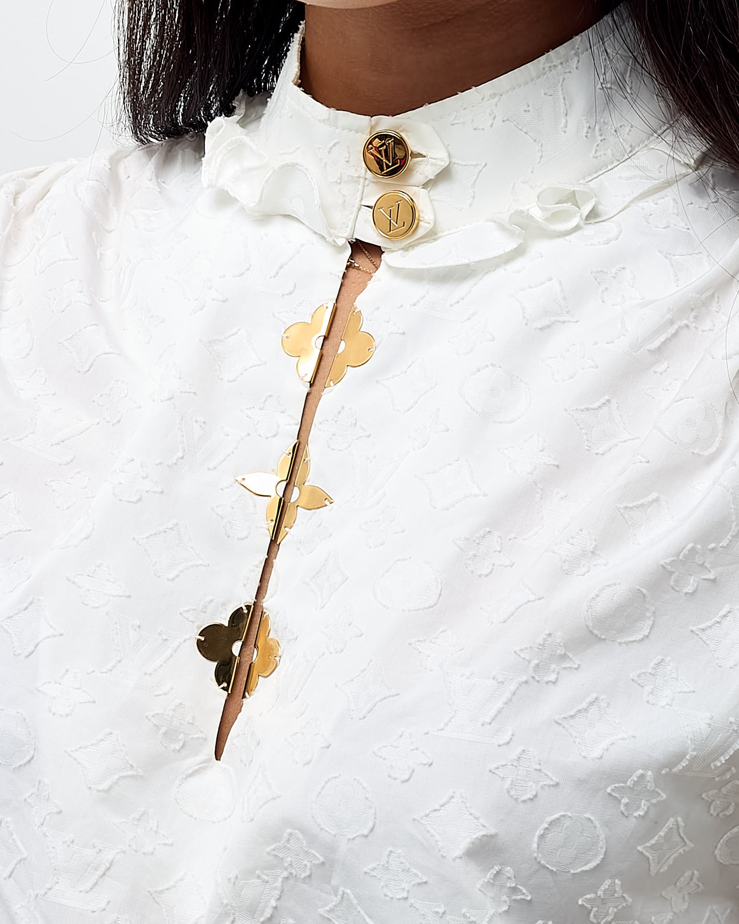 Louis Vuitton White Cotton Poplin Gold Button Frill Blouse - 38/US 6
