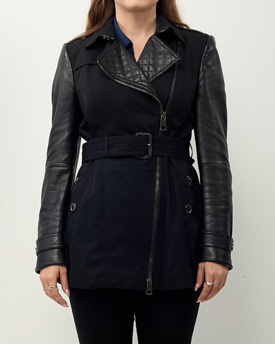 Burberry London Black Cotton and Leather Asymetrical Zip Trench Coat - US 8