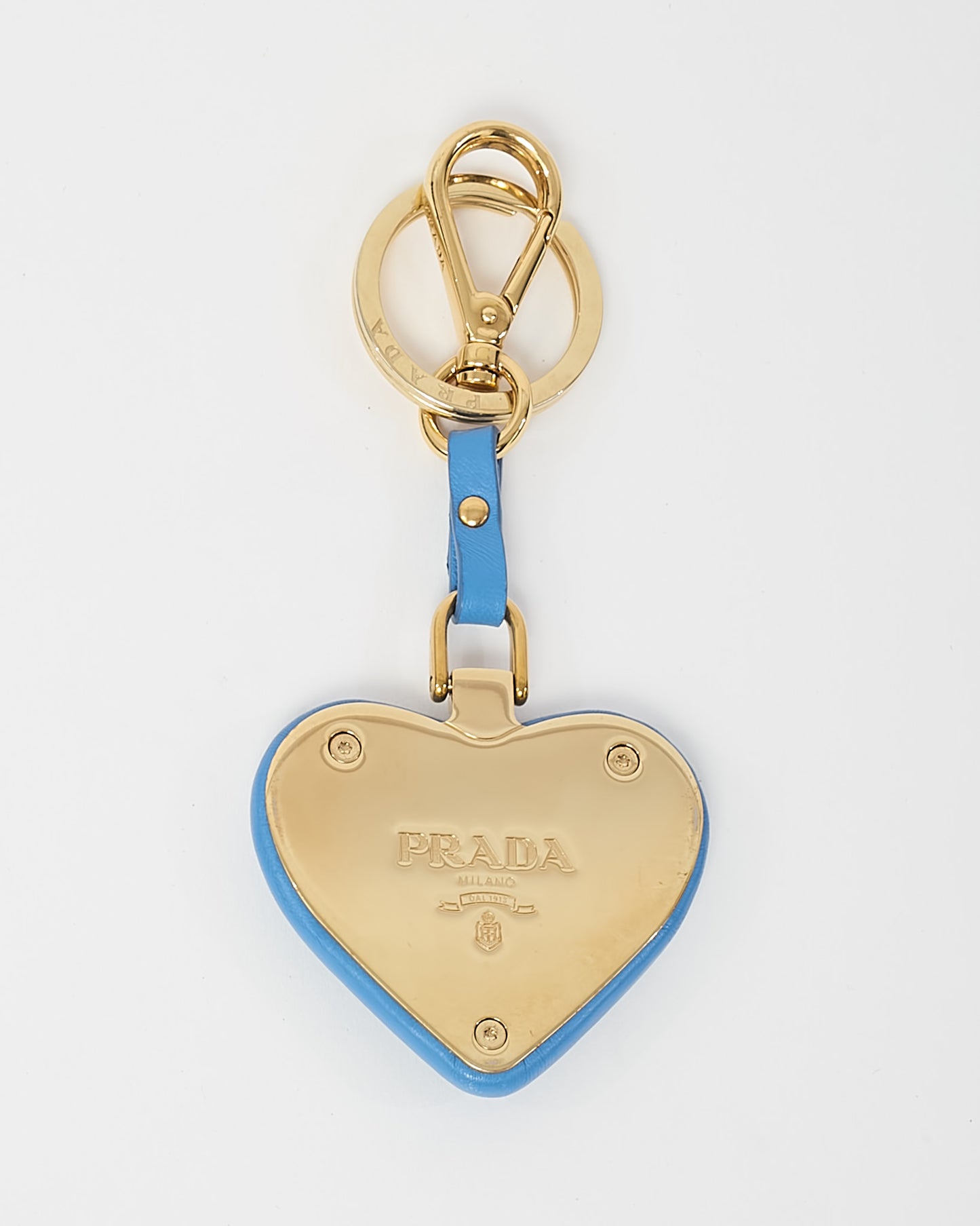 Prada Gold Metal Blue Puffy Heart Logo Key Chain / Bag Charm