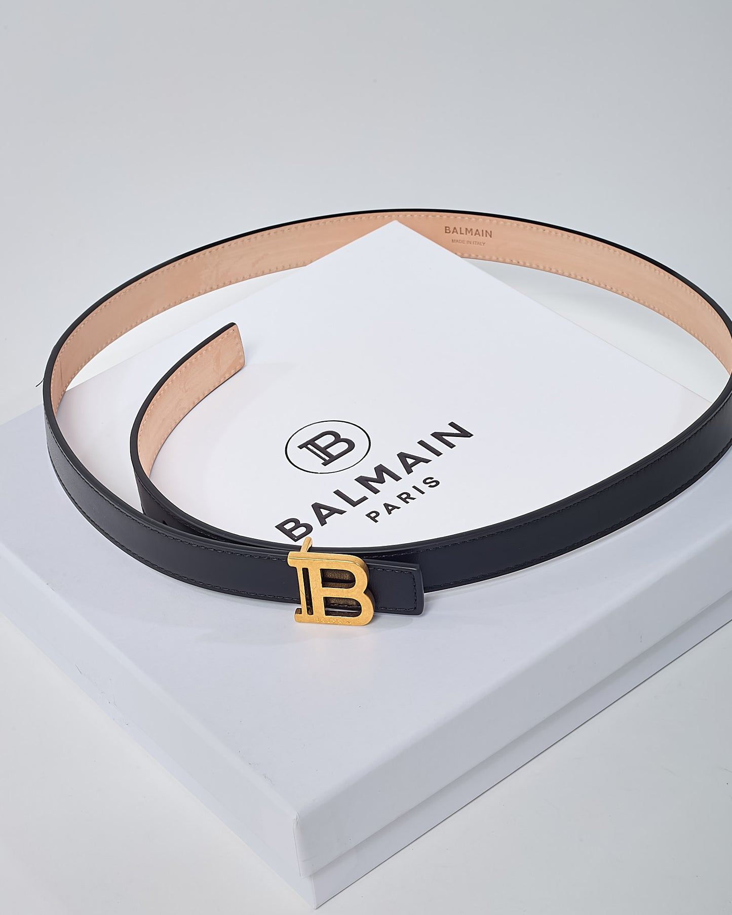 Balmain Black Leather GHW Logo Thin B Belt - 80