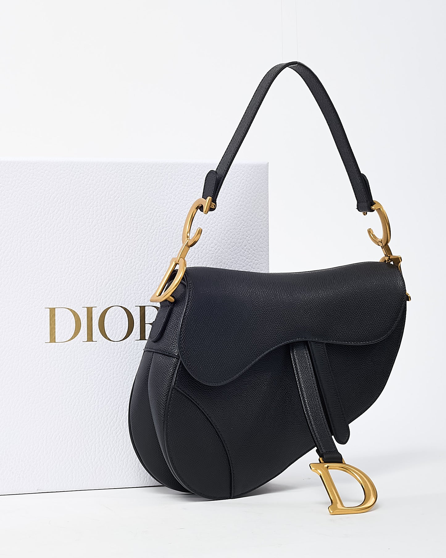 Dior Black Grained Calfskin Leather Saddle Bag with Strap GHW
