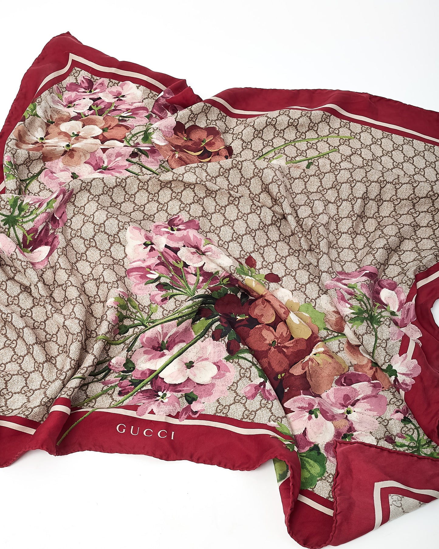 Gucci Red and Beige GG Monogram Special Florio Printed Silk 90cm Scarf