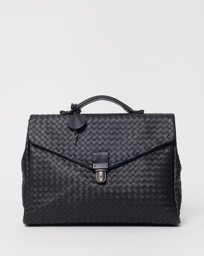 Bottega Veneta Black Intrecciato Leather Top Handle Briefcase