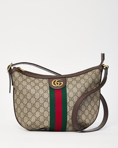 Gucci Beige and Beige Monogram GG Supreme Canvas Small Web Ophidia Half Moon Hobo Bag