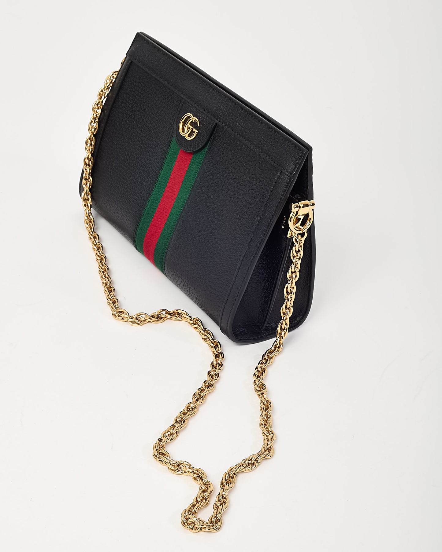 Gucci Black Calfskin Leather Small Web Ophidia Chain Shoulder Bag