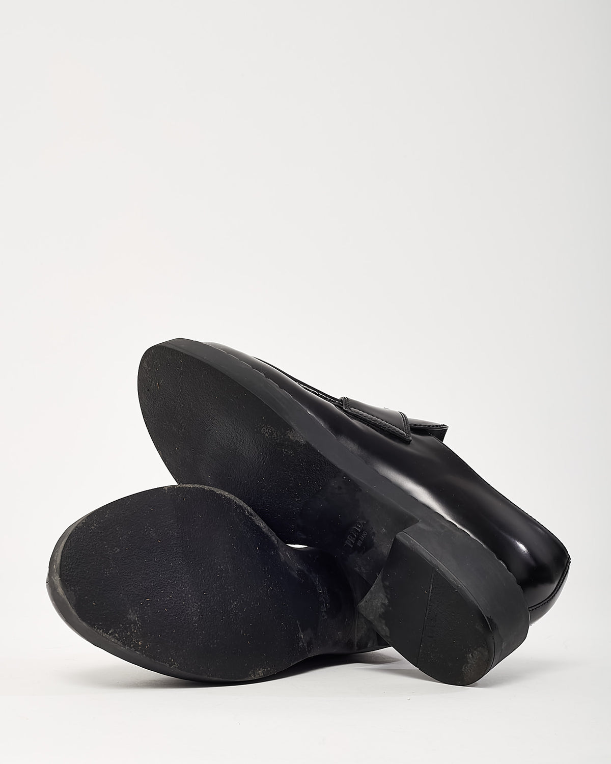 Prada Black Brushed Leather Chocolate Logo Loafers - 39.5