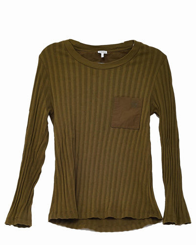 Loewe Khaki Green Ribbed Cotton Anagram Pocket Long Sleeve Top - L