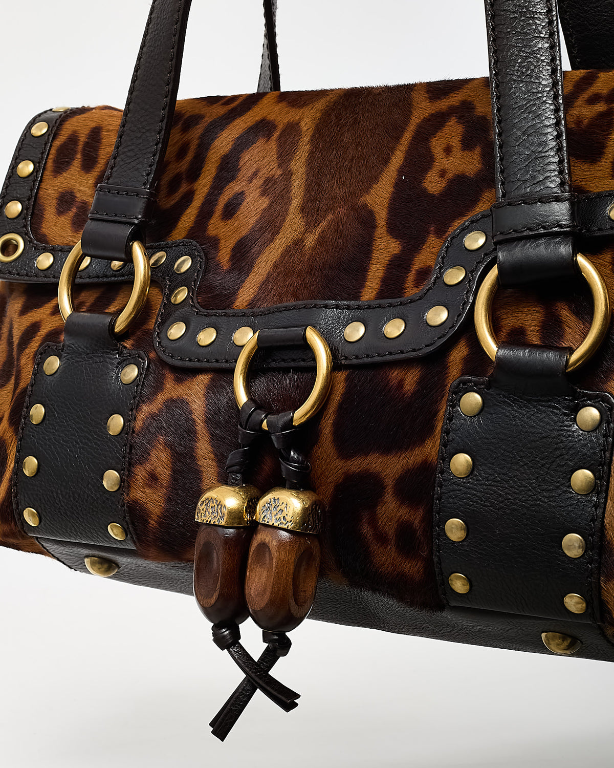 Saint Laurent Vintage Leopard Pony Hair Fur Studded Flap Shoulder Bag