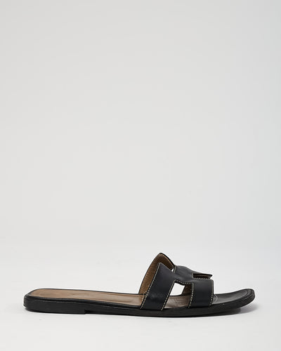 Hermès Black Calfskin Leather White Stitch Oran H Sandals - 38