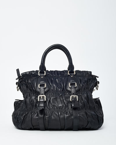 Prada Black Nappa Gaufre Leather Buckle Tote Bag
