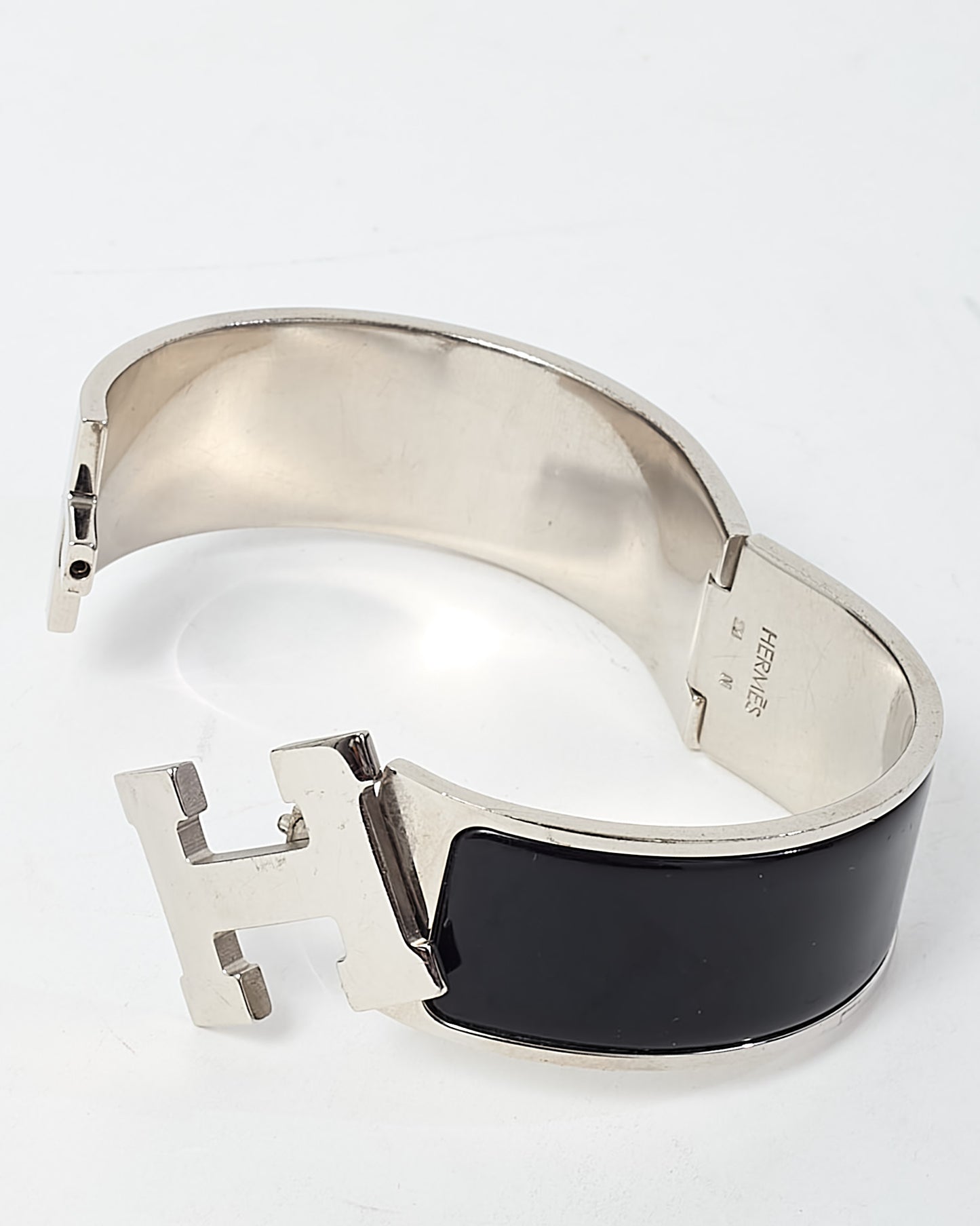 Hermès Palladium Silver and Black Enamel Wide H Clic Clac Bracelet - GM