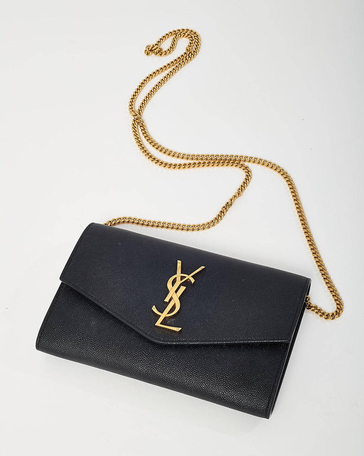 Saint Laurent Black Grain de Poudre Leather YSL Uptown WOC Chain Wallet Crossbody GHW