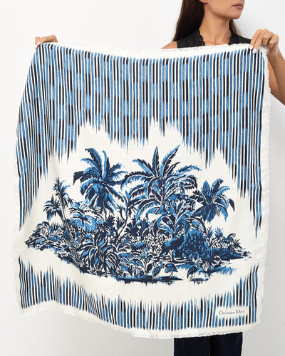 Dior Blue and White Stripe Palm Trees Printed 90cm Silk Scarf