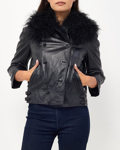 Dolce & Gabbana Black Leather and Black Mongolian Fur 3/4 Sleeve Perfecto Cropped Jacket - 42 IT/ US 6