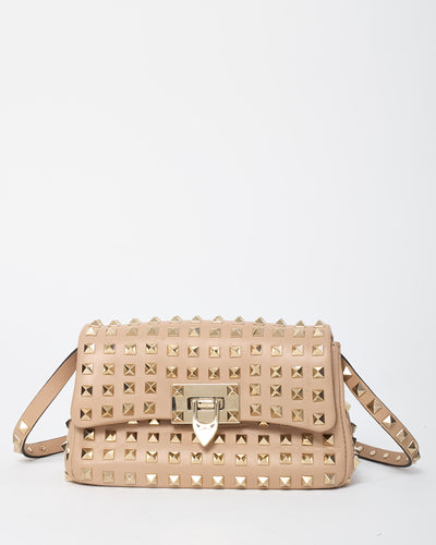 Valentino Beige Vitello Leather Mini Rockstud All Over Flap Crossbody Bag