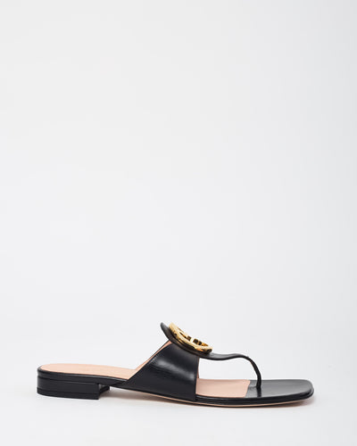 Gucci Black Leather Gold GG Blondie Thong Sandals - 41