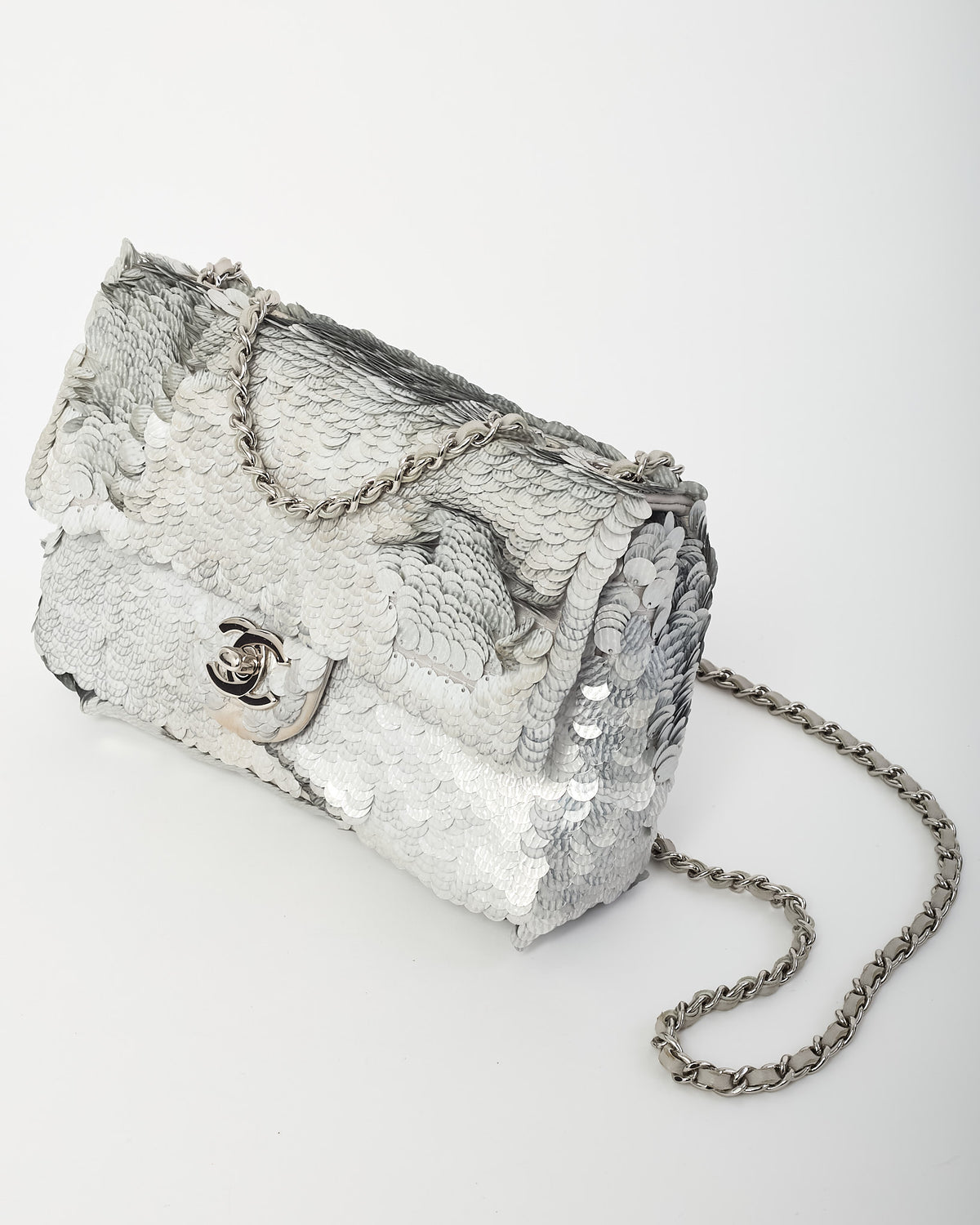 Chanel Silver Sequin Paillette Mini Flap Bag SHW
