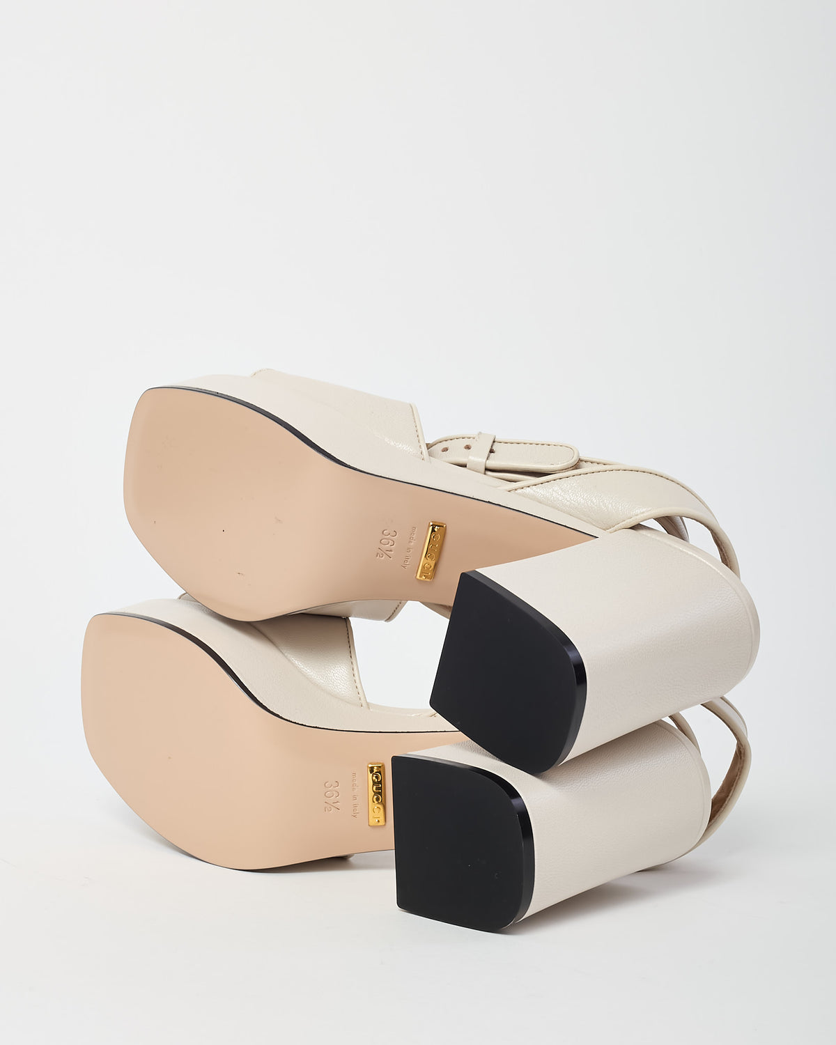 Gucci Mystic White Calfskin Leather Mid-Block Heel Horsebit Sandals - 36.5