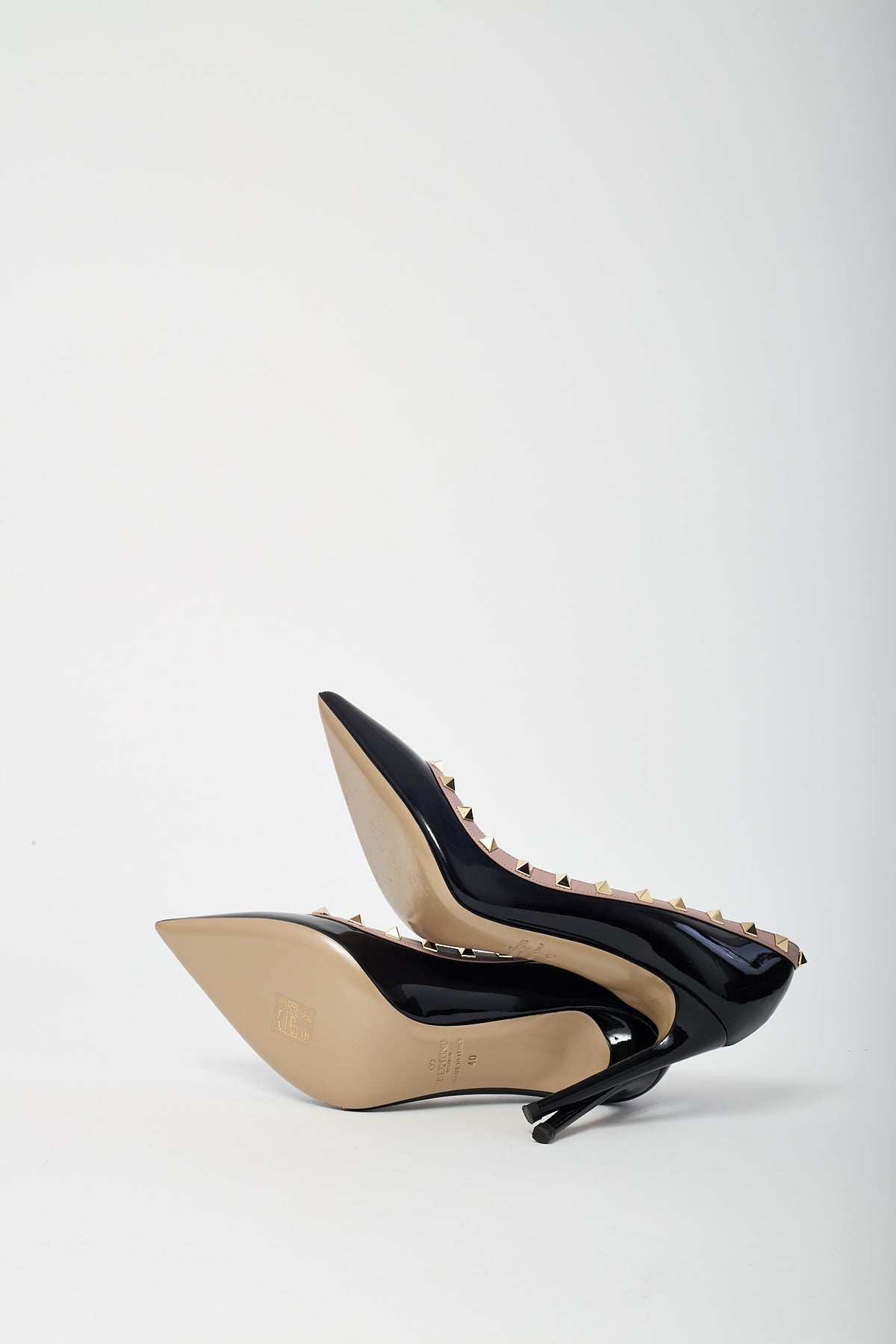 Valentino Black Patent Leather and Pink Rockstud Accent Pointed Toe Pumps - 40