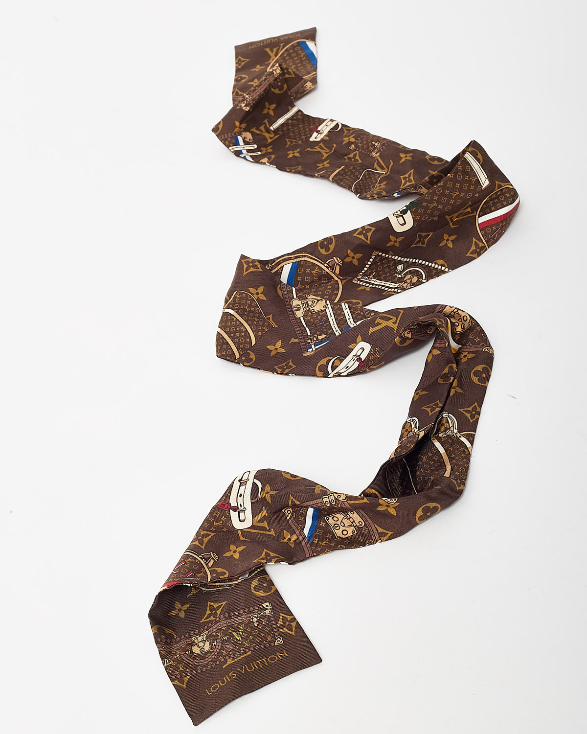Louis Vuitton Brown Monogram Trunks Marron Silk Bandeau Twilly Scarf
