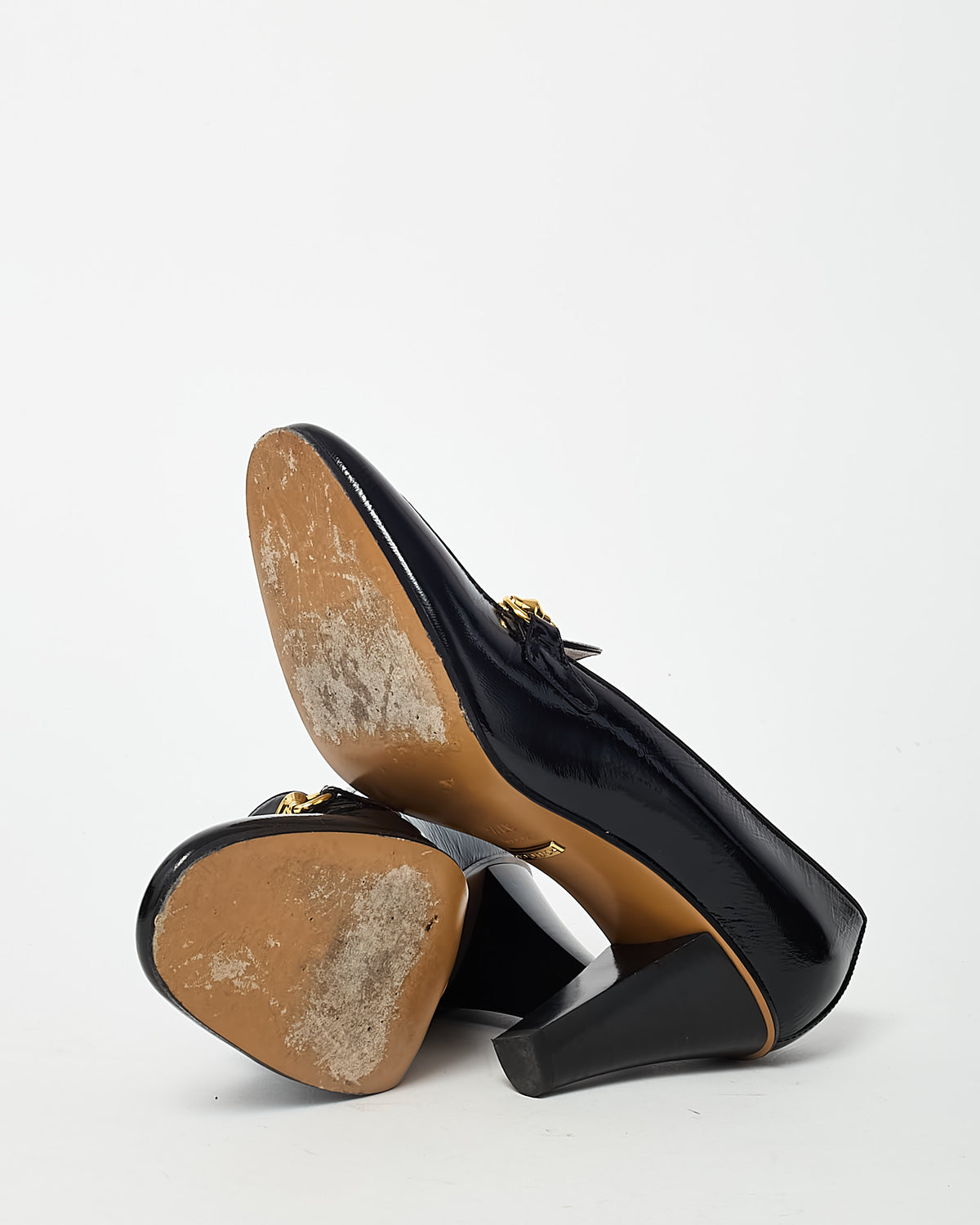 Gucci Black Patent Leather Gold Horsebit Web Accent Loafer Pumps - 37.5