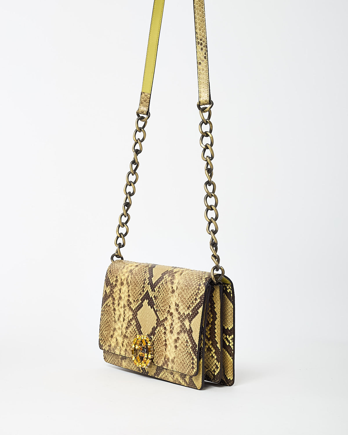 Gucci Beige/Yellow Snakeskin Crystal GG Broadway Shoulder Bag